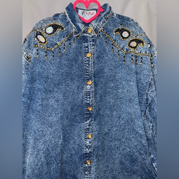 Pret Vintage Beaded 100% Cotton Denim Dress With Pockets Size L - Picture 2 of 8